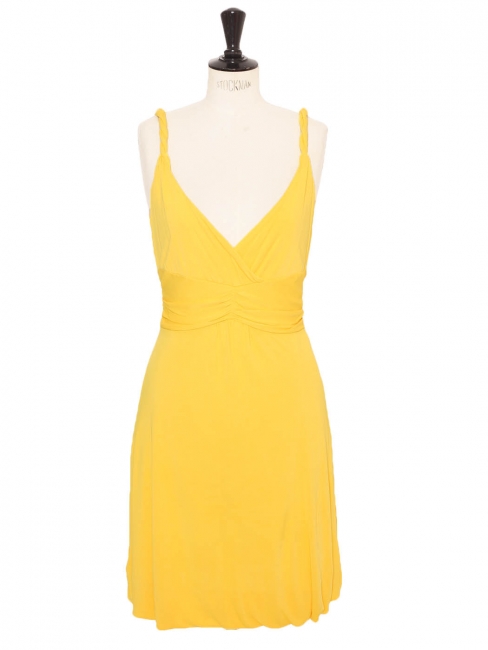 Short cocktail dress in bright yellow with plunging V neckline and halter top Retail price €600 Size 36