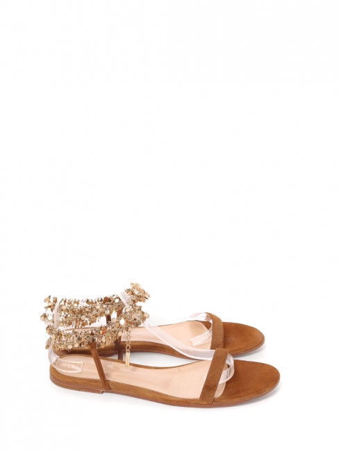 Flat sandals in camel suede with gold jewelled ankle strap Retail price €550 Size 40