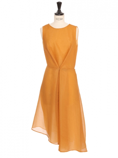 Sleeveless belted midi dress in orange-yellow chiffon Retail price €1700 Size 34