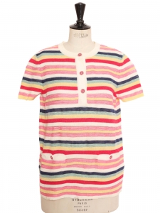 Multicolor striped knit short-sleeve top red pink yellow green Retail price 1770€ Size 40