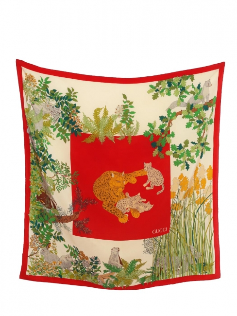 Square silk tiger print scarf in red, cream yellow and green Retail price €390