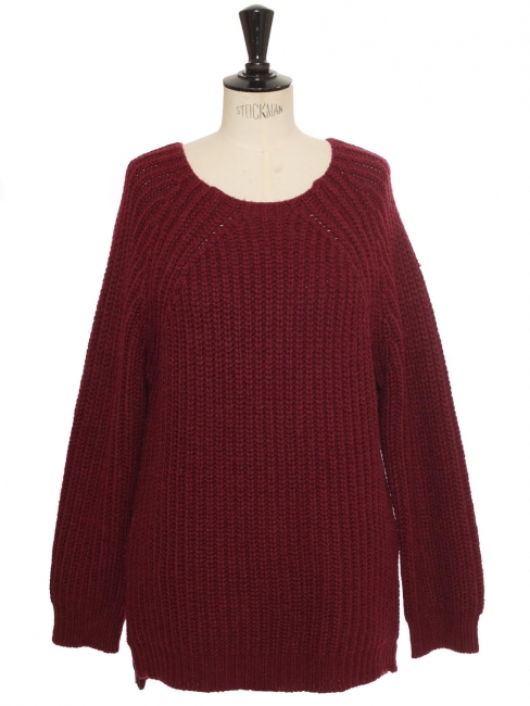 Pull col rond en grosse maille de laine rouge bordeaux zip côté Prix boutique 350€ Taille M