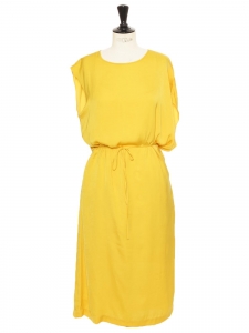 Midi length bright yellow satin belted sleeveless dress Retail price €295 Size 38/40