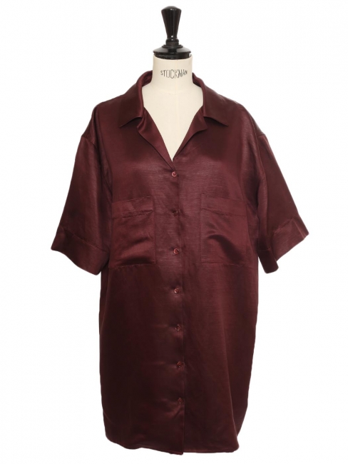 Burgundy red linen blend short sleeved shirt dress Retail price €500 Size 38