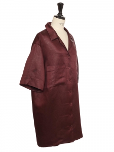 Burgundy red linen blend short sleeved shirt dress Retail price €500 Size 38