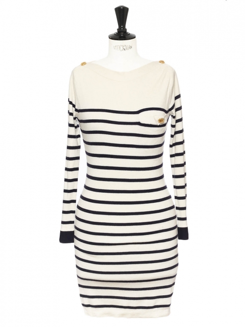 Ecru with navy stripes sailor knitted cashmere sweater dress Retail price €900 Size XS