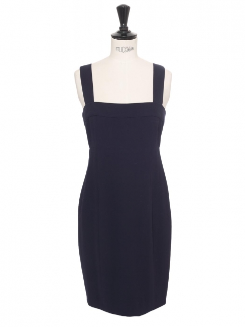 Navy blue wool crepe slim-fit dress with wide straps Retail price €3000 Size 34