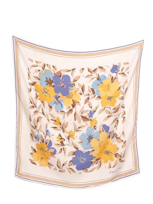 Square silk scarf printed white cream yellow blue and hazelnut brown flowers Retail price €450