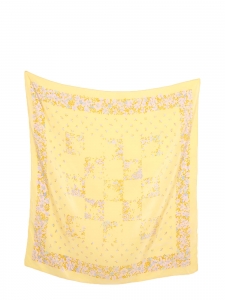Petit foulard en soie jaune fleuri rose violet et blanc