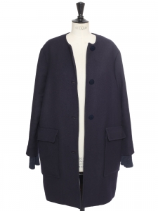 Long round-neck coat in navy blue wool Size 38 Retail price €1200