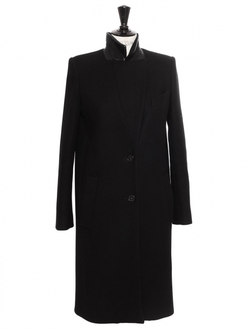 Manteau long en laine et angora noir revers en cuir Prix boutique 3000€ Taille XS/S