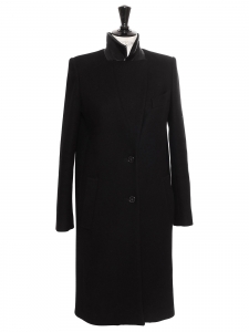 Manteau long en laine et angora noire revers en cuir Prix boutique 3000