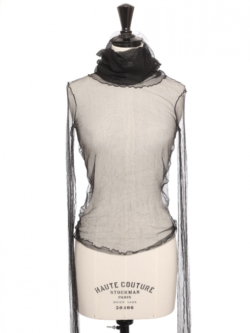 Black silk tulle long-sleeved turtleneck top Retail price €2000 Size XS