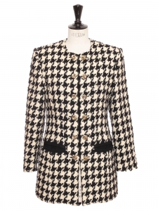 White and black houndstooth-print tweed jacket with gold buttons