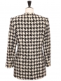 White and black houndstooth-print tweed jacket with gold buttons