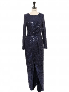 Midnight blue sequin embroidered evening long sleeves maxi dress Retail price €440 Size XS