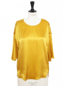 Amber yellow silk 3/4 sleeves round neck top Retail price €250 Size 38
