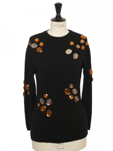 Round-neck sweater in black lambswool embroidered with copper and silver stones Retail price 1400€ Size 36