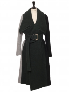 Manteau long ceinturé en laine épaisse vert foncé, noir et gris Prix boutique 2800€ Taille 34/36