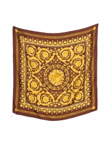 Square silk scarf with coffee brown and golden yellow prints Retail price €385 Size 90 x 90