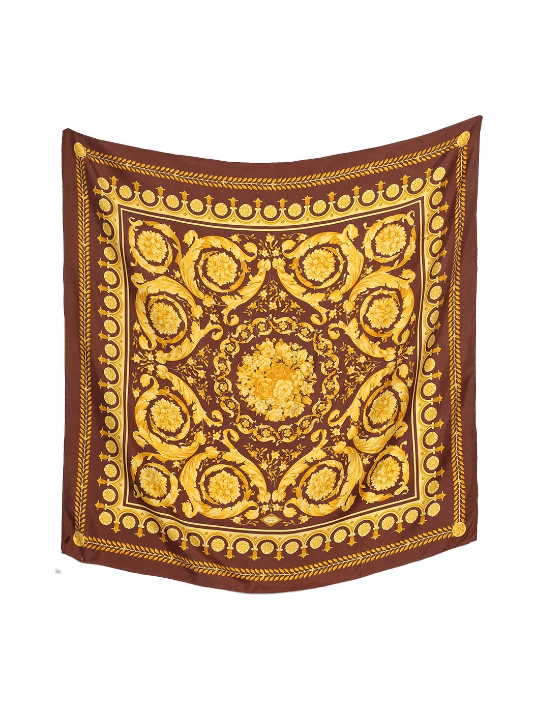 Boutique VERSACE Square silk scarf printed coffee brown and golden yellow  Retail price 385€ Size 90 x 90