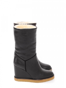 Black leather and white shearling wedge heel boots Retail 1000€ Size 36