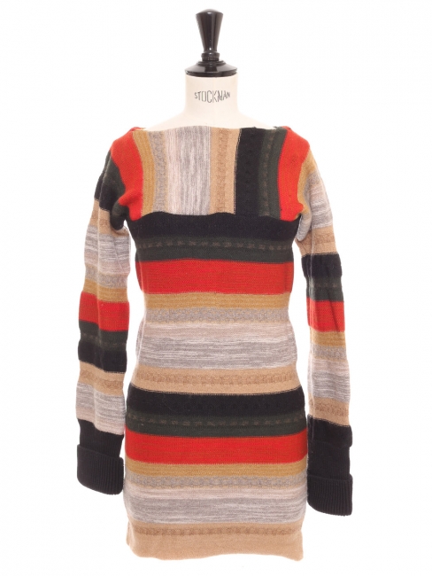 Robe courte manches longues en maille de laine à rayures rouge vert camel Prix boutique 1200€ Taille XXS