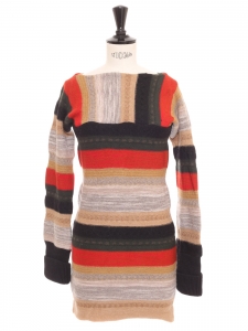 Red, green and beige striped wool knit long sleeves mini dress Retail price €1200 Size XXS