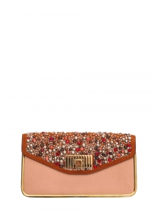 Sac pochette du soir clutch SALLY en cuir rose et rouge brodé de perles Swarovski doré et argent Prix boutique 2700€