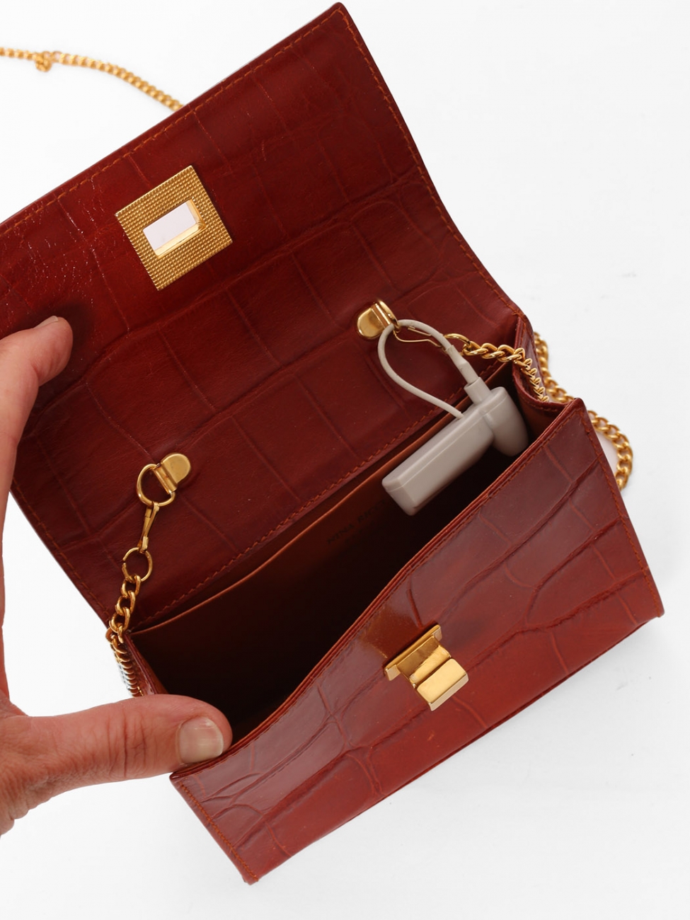 Sac Fourre-tout Nina Ricci Vintage - Cuir Caviar Marron - Sangle Métal - Occasion