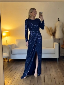 Midnight blue sequin embroidered evening long sleeves maxi dress Retail price €440 Size XS