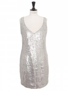 Silver sequin V neckline sleeveless cocktail dress Retail price €2000 Size 40