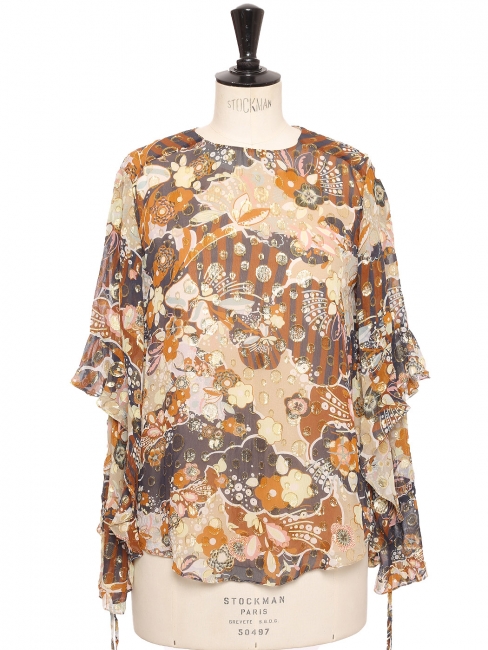 Long-sleeved silk blouse in beige camel floral pattern and gold lamé Retail price €1290 Size 36