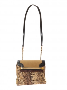 CLARE bag in black leather, brown fabric and beige raffia with gold brass shoulder chain Retail price €2250