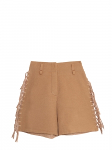 High-waisted fringed shorts in camel wool and leather Retail price €1550 Size 36
