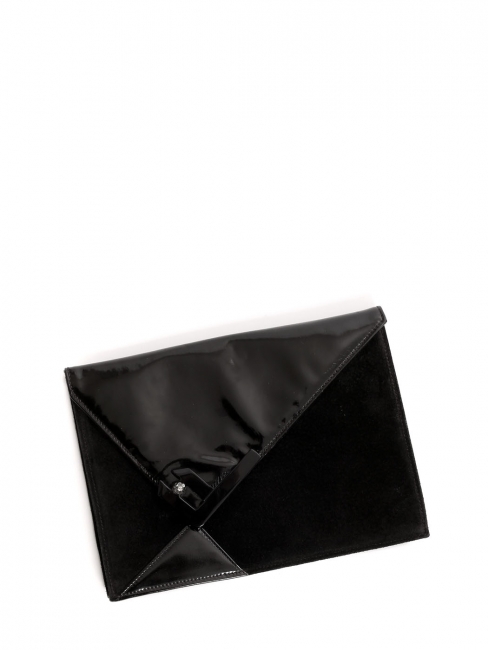 Black patent leather and suede evening clutch bag with Swarovski crystal