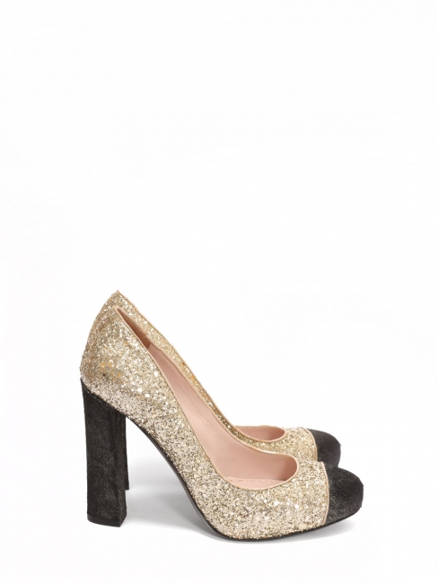Gold glitter and black leather round toe pumps with platform Retail price €980 Size 37