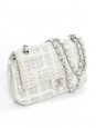 Classic timeless flap shoulder bag in white, light blue and yellow tweed with silver chain