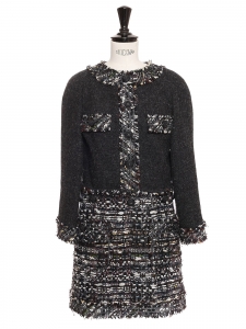 Robe manches longues en laine gris foncé et tweed noir et blanc boutons bijoux Prix boutique 7500€ Taille 34