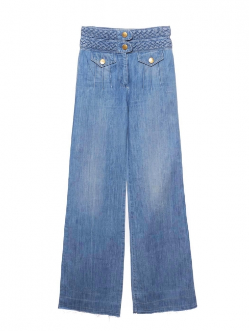 Jean flare taille haute ceinture tressée en coton bleu moyen Px boutique 550€ Taille 36
