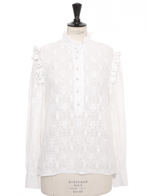 Long-sleeved blouse in white lace and ivory pearl buttons Retail price €175 Size 36