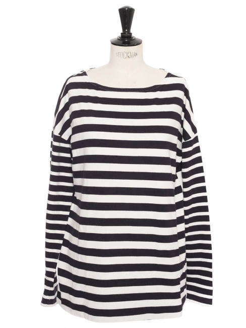 Long-sleeved cotton top with navy blue and white stripes Retail price 180€ Size M
