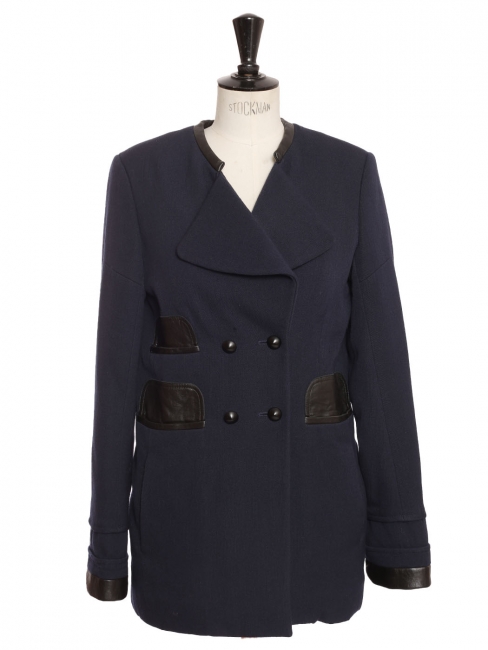 Navy blue crepe and black leather jacket, retail price €1990, size 36