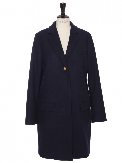 Mid-length wool coat in navy blue with gold brass button Retail price 900€ Size 38
