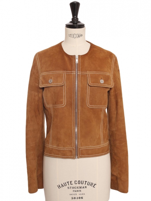 Camel brown suede short jacket retail price €3700 Size XS