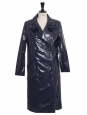 Navy blue vinyl long coat with camellia flowers Retail price €8500 Size 36/38