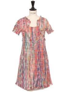 Multicolor tweed short sleeves cinched dress with fringes Retail Price 5000€ Taille 34