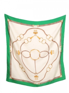 Scarf in cream silk twill with bright green edge and gold stitching Retail price €390