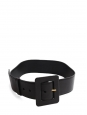 Wide black leather belt, large square buckle with YSL logo Size 75