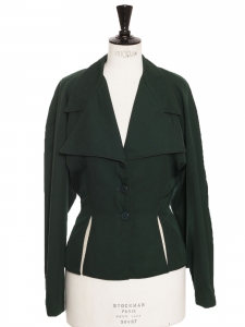 Fir green wool blend twill fitted jacket with puffed shoulders Made in France Size 38 - 40
